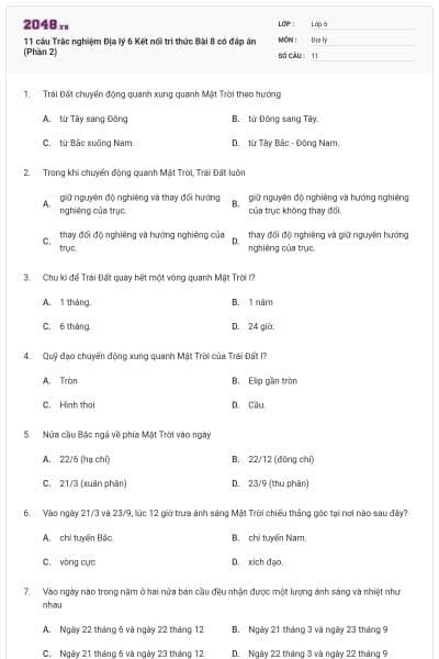 11 câu Trắc nghiệm Địa lý 6 Kết nối tri thức Bài 8 có đáp án (Phần 2)
