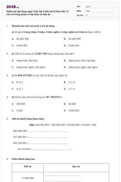 Phiếu bài tập hàng ngày Toán lớp 4 Kết nối tri thức Bài 12. Các số trong phạm vi lớp triệu có đáp án