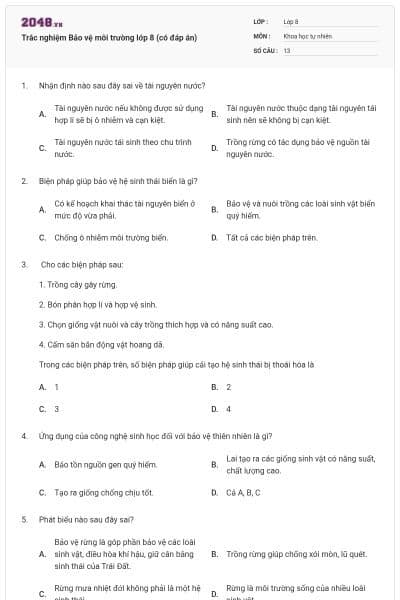 Trắc nghiệm Bảo vệ môi trường lớp 8 (có đáp án)