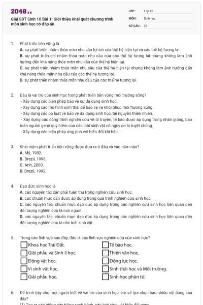 Giải SBT Sinh 10 Bài 1: Giới thiệu khái quát chương trình môn sinh học có đáp án