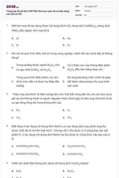 Tổng hợp đề thi thử THPTQG Hóa học mức độ cơ bản nâng cao (đề số 29)