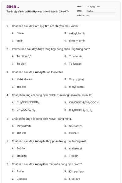 Tuyển tập đề ôn thi Hóa Học cực hay có đáp án (Đề số 7)