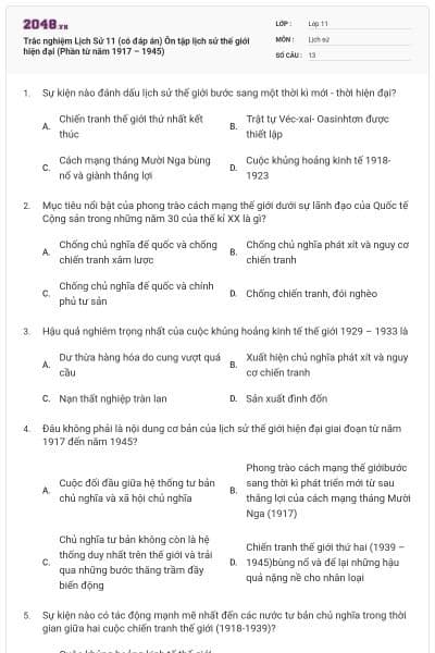 Trắc nghiệm Lịch Sử 11 (có đáp án) Ôn tập lịch sử thế giới hiện đại (Phần từ năm 1917 – 1945)
