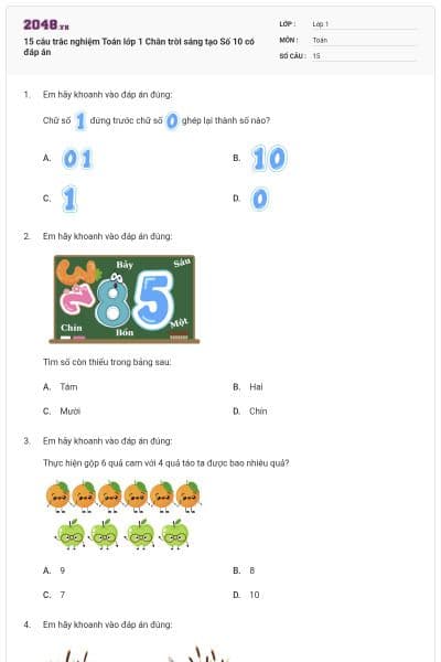15 câu trắc nghiệm Toán lớp 1 Chân trời sáng tạo Số 10 có đáp án