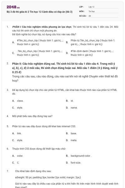 Bộ 3 đề thi giữa kì 2 Tin học 12 Cánh diều có đáp án (Đề 3)