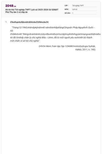 Đề thi thử Tốt nghiệp THPT Lịch sử 2025-2026 Sở GD&ĐT Phú Thọ lần 2 có đáp án