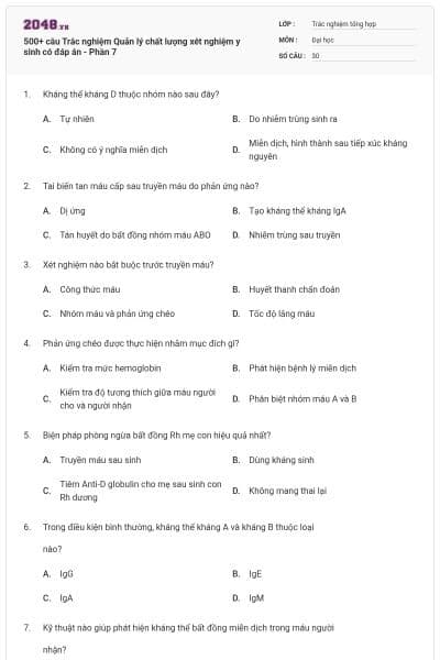 500+ câu Trắc nghiệm Quản lý chất lượng xét nghiệm y sinh có đáp án - Phần 7