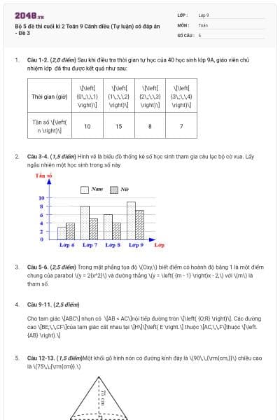 Bộ 5 đề thi cuối kì 2 Toán 9 Cánh diều (Tự luận) có đáp án - Đề 3