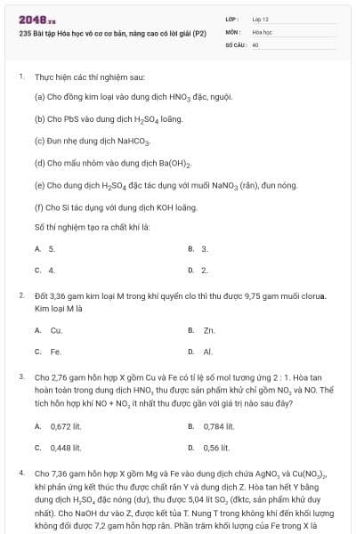 235 Bài tập Hóa học vô cơ cơ bản, nâng cao có lời giải (P2)