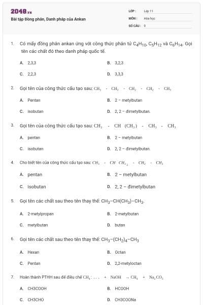 Bài tập Đồng phân, Danh pháp của Ankan