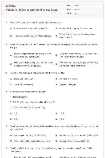 Trắc nghiệm: Đề kiểm tra giữa kỳ I Lịch sử 9 (có đáp án)