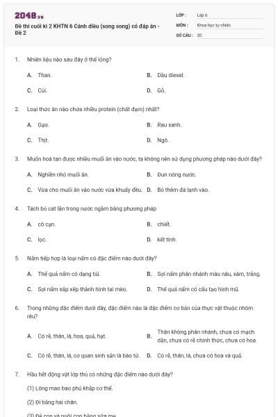 Đề thi cuối kì 2 KHTN 6 Cánh diều (song song) có đáp án - Đề 2