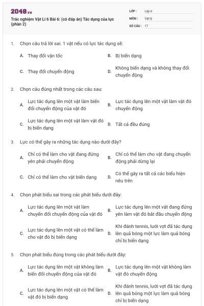 Trắc nghiệm Vật Lí 6 Bài 6: (có đáp án) Tác dụng của lực (phần 2)