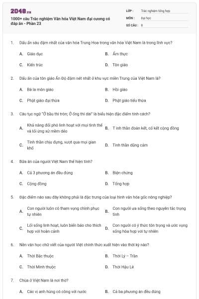 1000+ câu Trắc nghiệm Văn hóa Việt Nam đại cương có đáp án - Phần 23