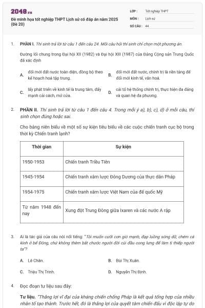 Đề minh họa tốt nghiệp THPT Lịch sử có đáp án năm 2025 (Đề 20)