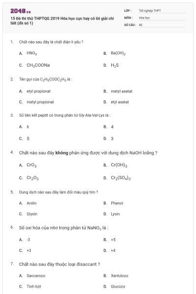 15 Đề thi thử THPTQG 2019 Hóa học cực hay có lời giải chi tiết (đề số 1)