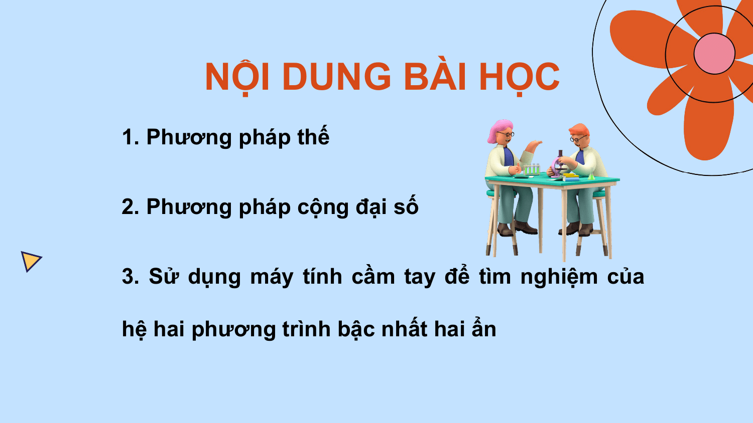 NỘI DUNG BÀI HỌC
1. Phương pháp thế

2. Phương pháp cộng đại số

3. Sử dụng máy tính cầm tay để tìm nghiệm của

hệ hai phương trình bậc nhất hai ẩn