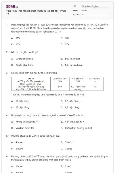 1000+ câu Trắc nghiệm Quản lý đầu tư (có đáp án) - Phần 16