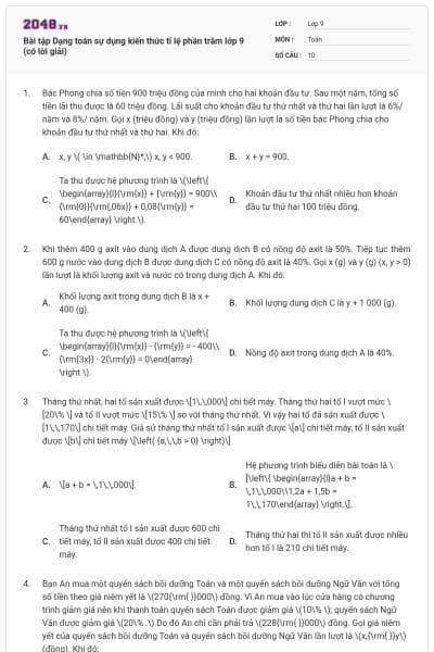 Bài tập Dạng toán sự dụng kiến thức tỉ lệ phần trăm lớp 9 (có lời giải)