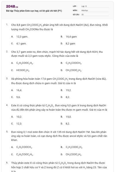 Bài tập Thủy phân Este cực hay, có lời giải chi tiết (P1)