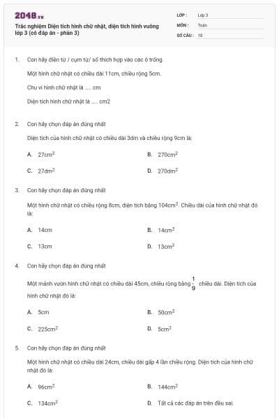 Trắc nghiệm Diện tích hình chữ nhật, diện tích hình vuông lớp 3 (có đáp án - phần 3)
