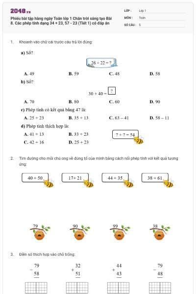 Phiếu bài tập hàng ngày Toán lớp 1 Chân trời sáng tạo Bài 8. Các phép tính dạng 34 + 23, 57 - 23 (Tiết 1) có đáp án