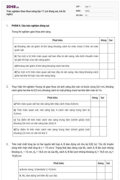 Trắc nghiệm Giao thoa sóng lớp 11 (có đúng sai, trả lời ngắn)