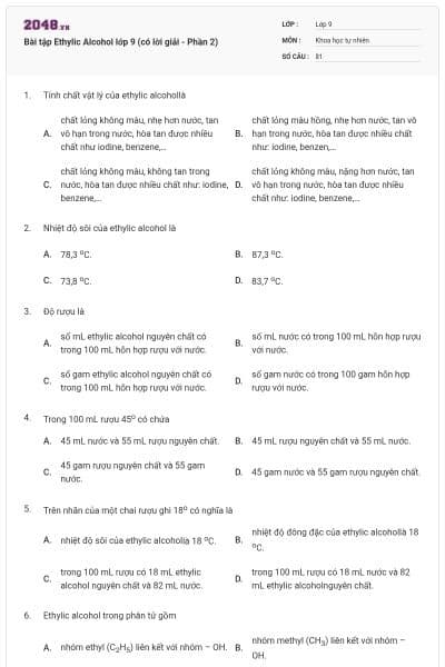 Bài tập Ethylic Alcohol lớp 9 (có lời giải - Phần 2)