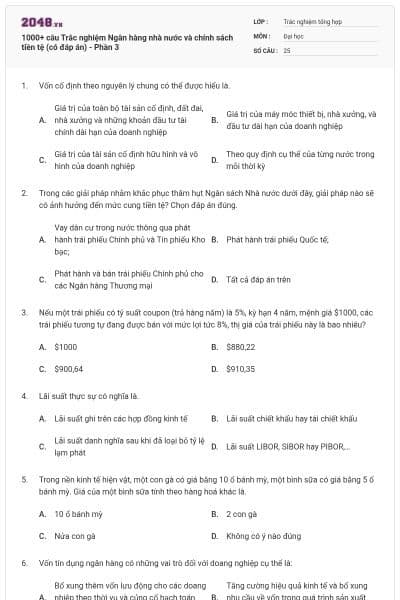 1000+ câu Trắc nghiệm Ngân hàng nhà nước và chính sách tiền tệ (có đáp án) - Phần 3