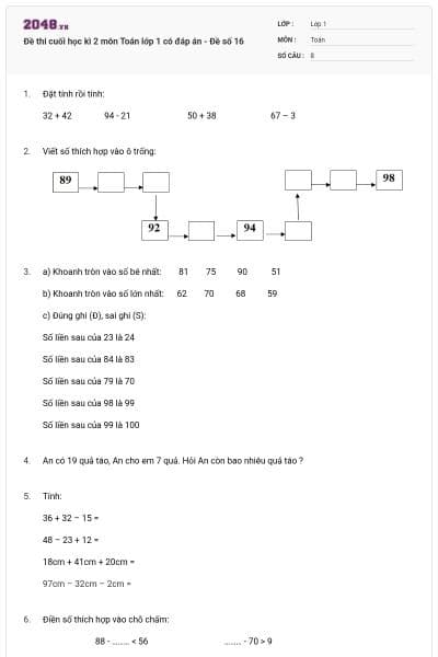 Đề thi cuối học kì 2 môn Toán lớp 1 có đáp án - Đề số 16