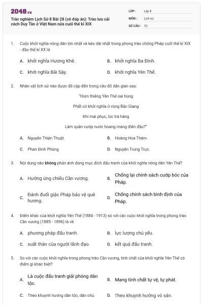 Trắc nghiệm Lịch Sử 8 Bài 28 (có đáp án): Trào lưu cải cách Duy Tân ở Việt Nam nửa cuối thế kỉ XIX