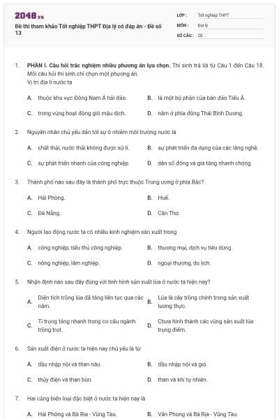 Đề thi tham khảo Tốt nghiệp THPT Địa lý có đáp án - Đề số 13