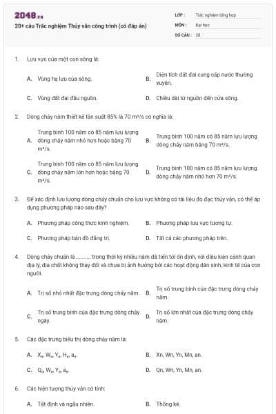 20+ câu Trắc nghiệm Thủy văn công trình (có đáp án)
