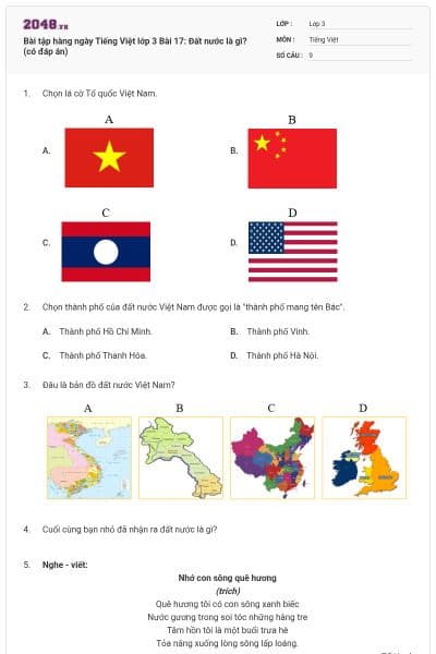 Bài tập hàng ngày Tiếng Việt lớp 3 Bài 17: Đất nước là gì? (có đáp án)