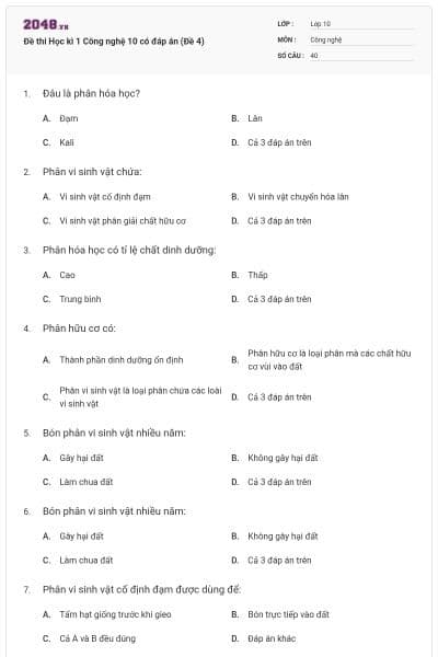Đề thi Học kì 1 Công nghệ 10 có đáp án (Đề 4)