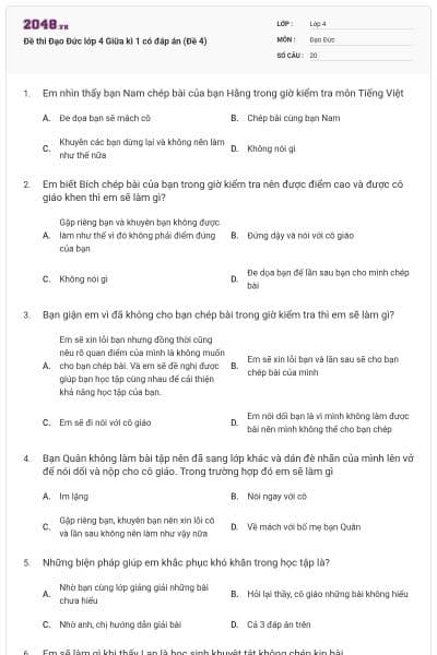 Đề thi Đạo Đức lớp 4 Giữa kì 1 có đáp án (Đề 4)