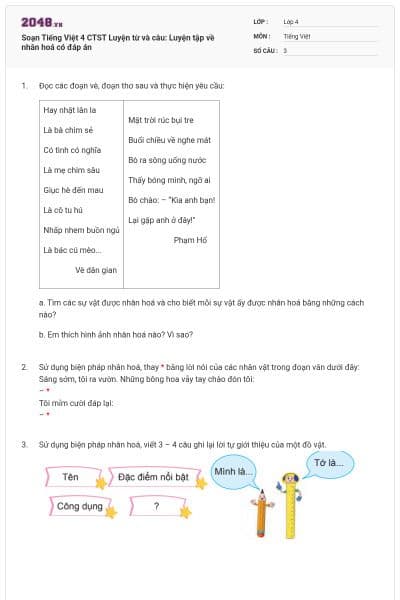 Soạn Tiếng Việt 4 CTST Luyện từ và câu: Luyện tập về nhân hoá có đáp án
