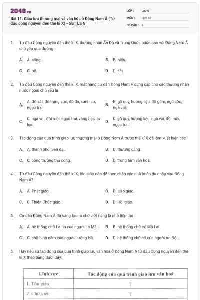 Bài 11: Giao lưu thương mại và văn hóa ở Đông Nam Á (Từ đầu công nguyên đến thế kỉ X) - SBT LS 6