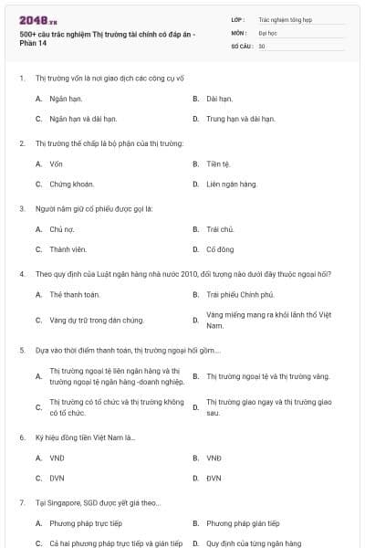 500+ câu trắc nghiệm Thị trường tài chính có đáp án - Phần 14