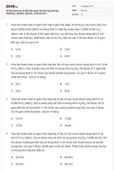 50 bài toán hay và khó liên quan tới hỗn hợp kết tủa (Al(OH)3_ BaSO4_ BaCO3_ CaCO3) (P1)