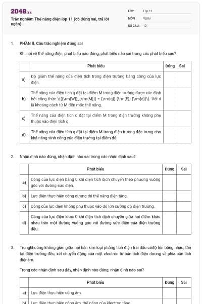 Trắc nghiệm Thế năng điện lớp 11 (có đúng sai, trả lời ngắn)
