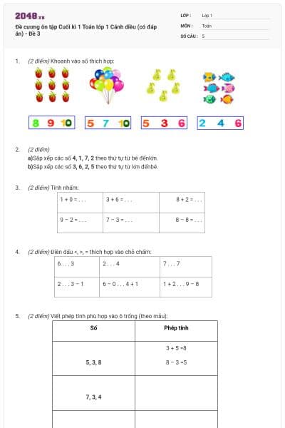 Đề cương ôn tập Cuối kì 1 Toán lớp 1 Cánh diều (có đáp án) - Đề 3