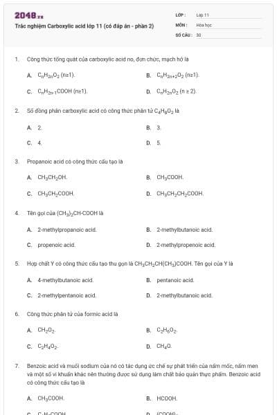 Trắc nghiệm Carboxylic acid lớp 11 (có đáp án - phần 2)
