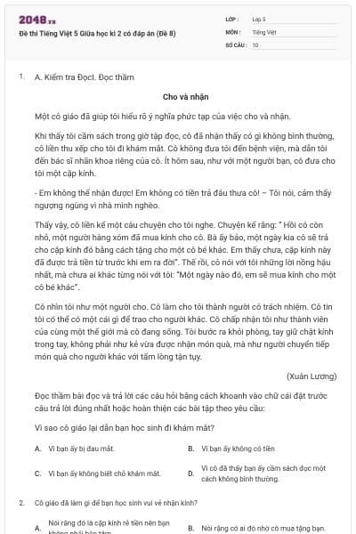 Đề thi Tiếng Việt 5 Giữa học kì 2 có đáp án (Đề 8)