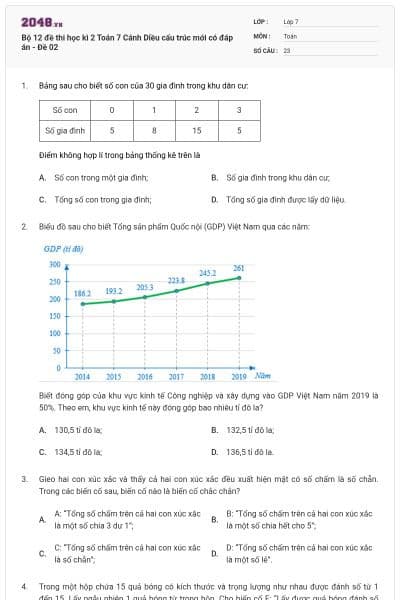 Bộ 12 đề thi học kì 2 Toán 7 Cánh Diều cấu trúc mới có đáp án - Đề 02