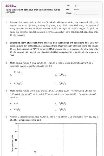 12 bài tập xác định công thức phân tử của hợp chất hữu cơ có lời giải