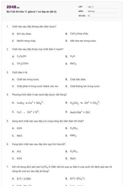 Bộ 9 Đề thi Hóa 11 giữa kì 1 có đáp án (Đề 6)