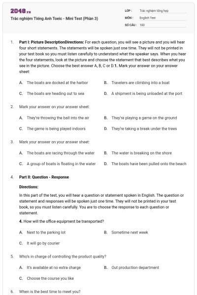 Trắc nghiệm Tiếng Anh Toeic - Mini Test (Phần 3)