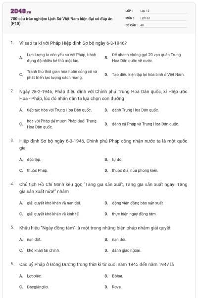 700 câu trắc nghiệm Lịch Sử Việt Nam hiện đại có đáp án (P10)