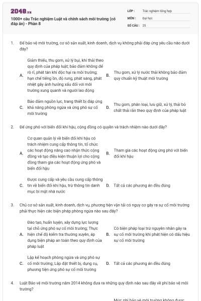 1000+ câu Trắc nghiệm Luật và chính sách môi trường (có đáp án) - Phần 8